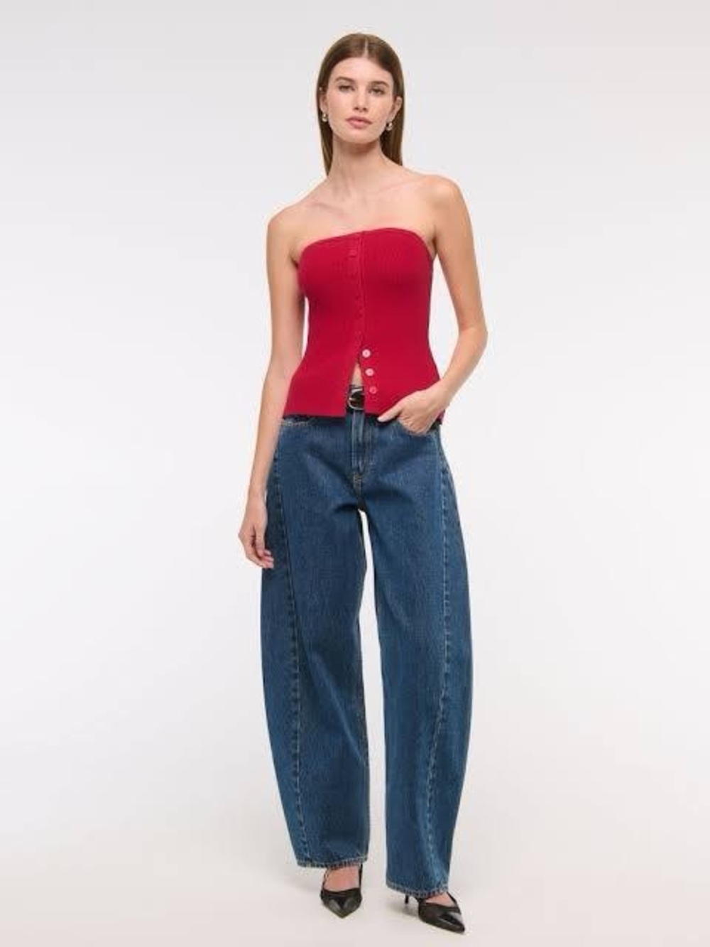 Abercrombie & Fitch Red Ribbed Button-Front Tube Top